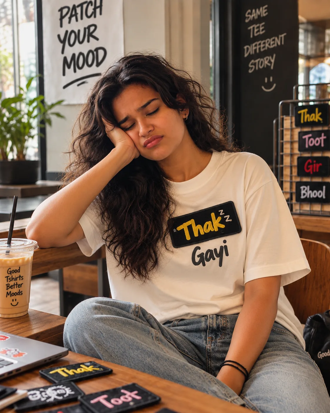 Velcrozed campaign — tee with a Velcro patch, shot in a café