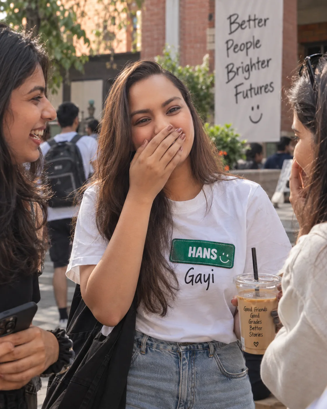 Velcrozed women’s Hans Gayi tee, laughing with friends on campus