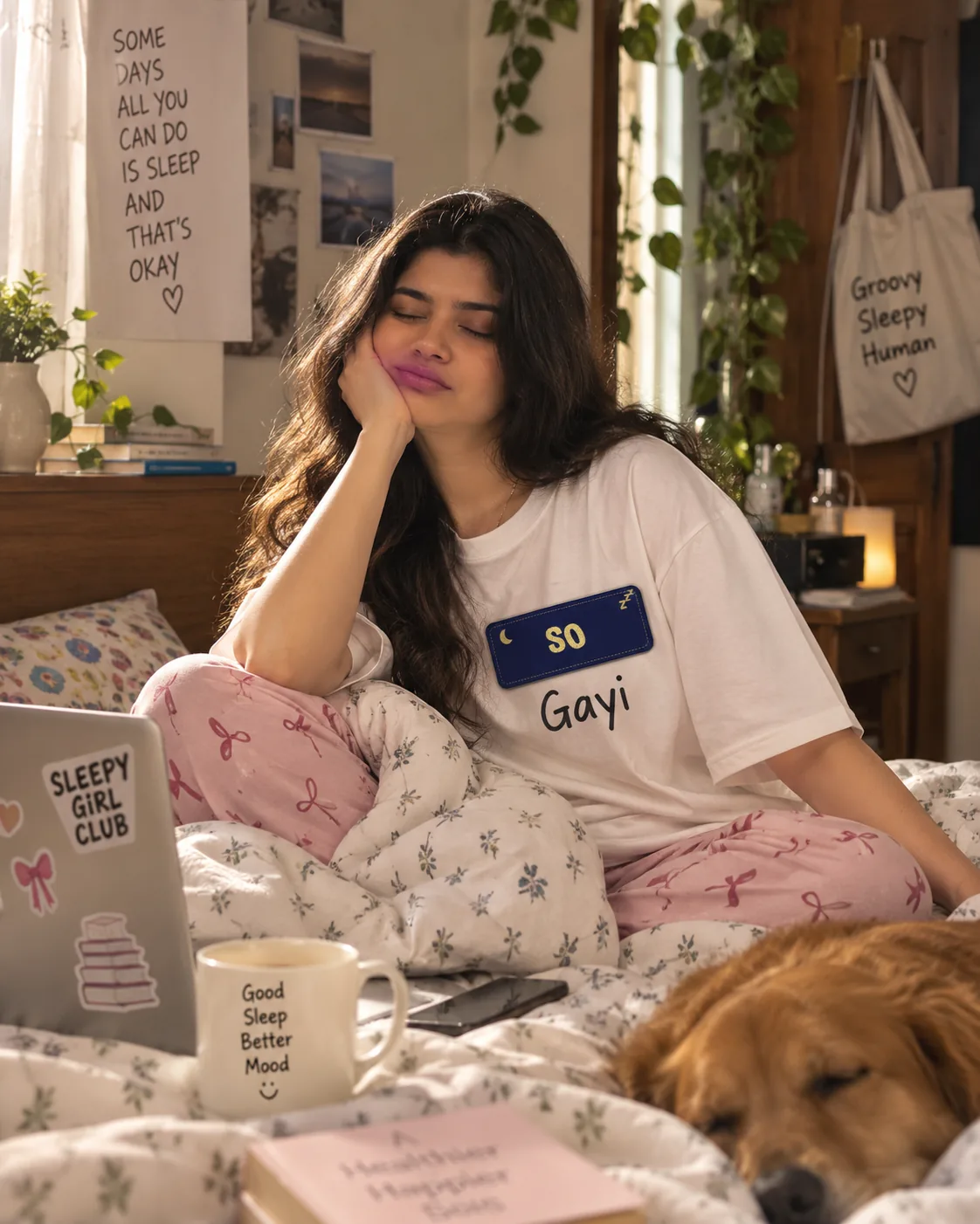 Velcrozed women’s So Gayi tee, dozing in bed